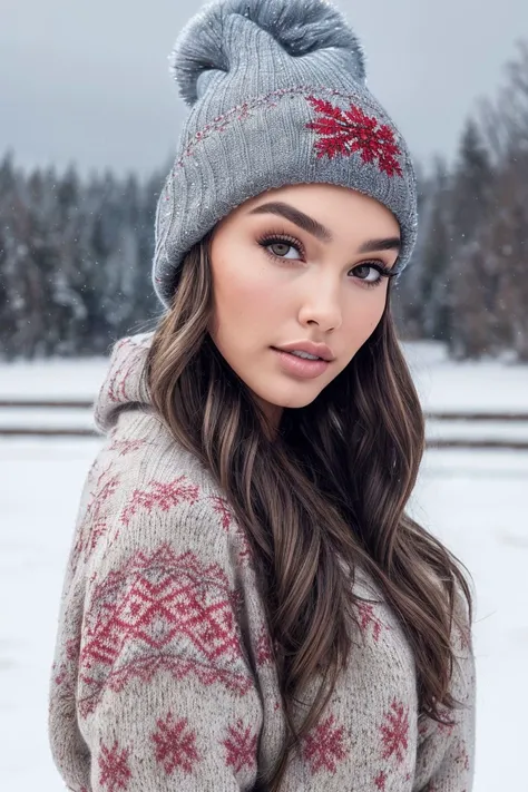 portrait of S259_PaulaDering,a gorgeous woman,on a (snowy-field:1.1),wearing a (Christmas-sweater:1.1),(beanie),(4k, RAW photo, best quality, depth of field, ultra high res:1.1),(absurdres, intricate, photorealistic, masterpiece, ultra-detailed:1.2),