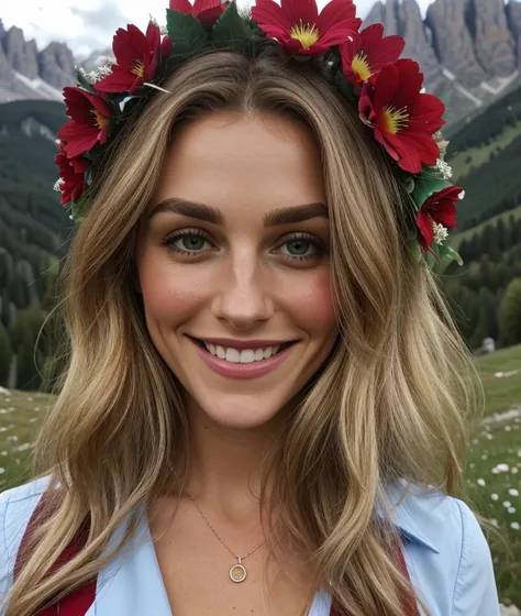 s8s3al1, upper body, nature, smile, Colorful flowers, dolomites, close portrait photo, sexy uniform Christmas