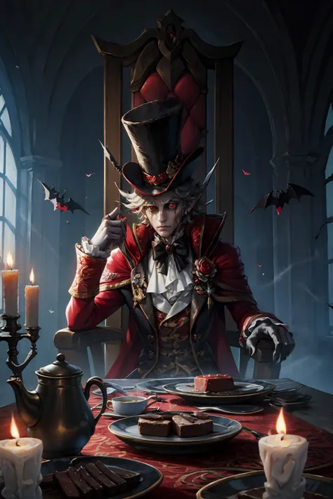 HEZI, the fifth personality, cup, candle, ring, hat, holding, vampire, sitting, bat (animal), solo, top hat, jewelry, candlestand, male focus, 1boy, red eyes, plate, holding cup, crossed legs, table, food, window, indoors, brooch, black headwear, fingernai...