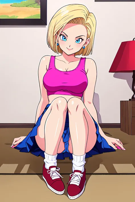 1girl, android 18, solo, blonde hair, blue eyes, skirt, sitting, jewelry, short hair, earrings, socks, breasts, shoes, looking at viewer, crop top, midriff, smile, large breasts, <lyco:ToriyamaStylev2-step00003000:1.0>