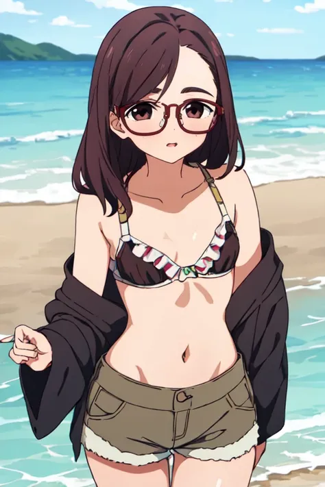 masterpiece, highres, 1girl,  <lora:TomonoKojoR4:0.7>, TomonoKojoR4, brown eyes, brown hair, glasses, bra, shorts, beach, small breasts