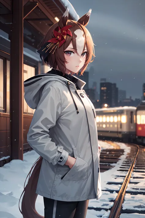 masterpiece, best quality, cowboy shot, looking at viewer, expressionless, yaeno muteki, short hair, horse tail, hair ornament, raincoat, pants, hands in pocket, outdoors, cloudy sky, grey sky, snow, path, city, train, <lora:yaeno_muteki_v1:0.8>