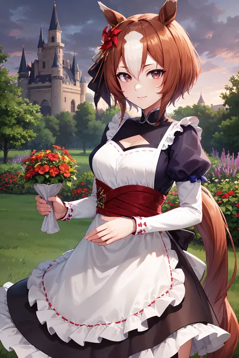 masterpiece, best quality, cowboy shot, looking at viewer, smile, yaeno muteki, short hair, horse tail, hair ornament, maid, black dress, juliet sleeves, waist apron, outdoors, purple sky, garden, castle, <lora:yaeno_muteki_v1:0.8>