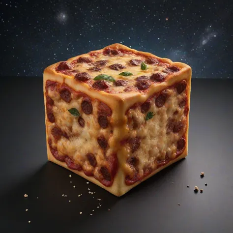 commercial gastronomy photo of a cube-shaped pizza in the style of starfield