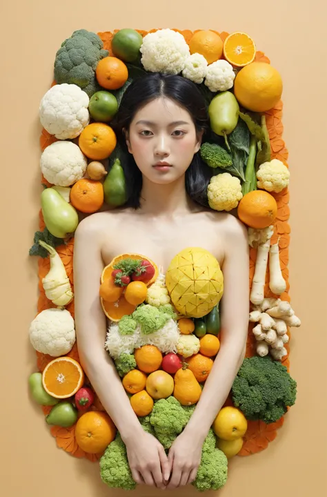 (female upper body made out of fruit and vegetables, chalkdust background): tangerine,cauliflower,clove,rice,sweet orange,edible chrysanthemum,yinfeng pear,bamboo shoots,