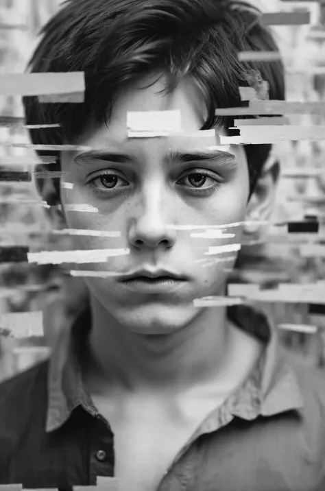 Abstract, realistic portrait of 1boy, looking at viewer, fragmented visual style, monochrome color palette, upper body, blurred boundaries, evoking feelings of introspection and solitude, high resolution, depth of field, aesthetic