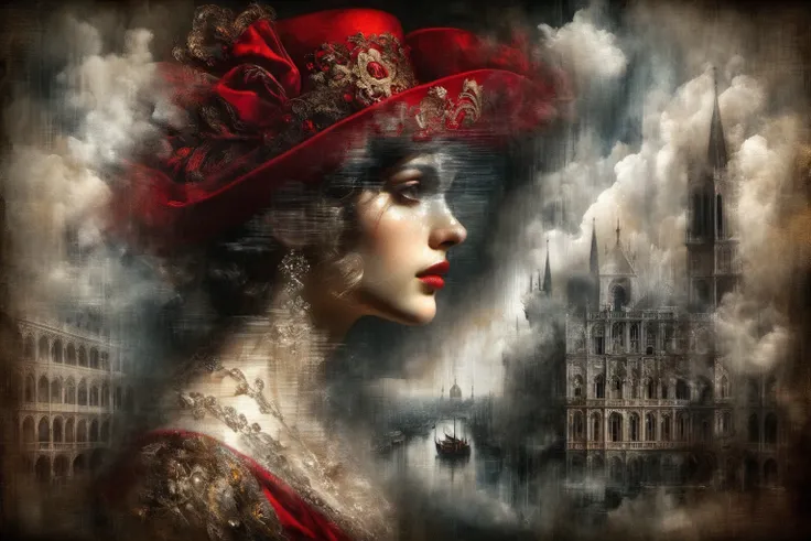 Double Exposure: portrait oil painting, of a ((transparent woman with a double exposure city in her head)), we see the double exposure on her face and the city backdrop, elaborate red hat, in renaissance attire city backdrop, 3/4 profile view, sumptuous cl...