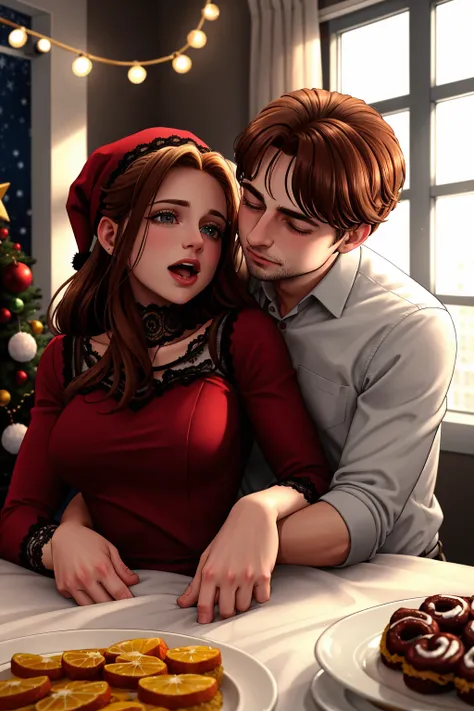 (Style-Cuddles:0.5), couple at a christmas party at an office, (masterpiece) (best quality) (detailed) (8k) (cinematic lighting) (sharp focus) (intricate) (HDR)