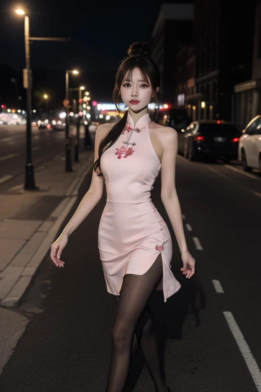 ltra-detailed,highly detailed,best quality,masterpiece,illustration,realistic,
ydwhqp,qipao, 1girl, solo,
pink dress,pantyhose, 
hair bun, parted bangs,
looking at viewer, walking,cowboy shot, 
outdoors,night,cityscape, street, 
 <lora:ydwhqp qipao_v1_01:0...