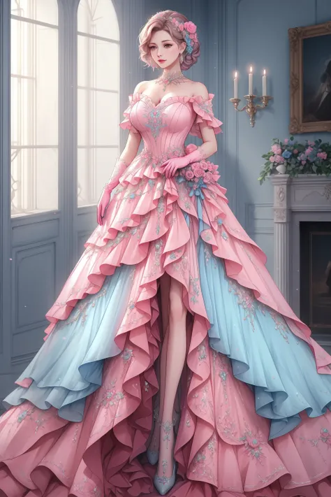 ((best quality)), absurdres, ((ultra high res)), a mature woman in pink and blue dress, magical dress, gloves, beautiful, indoors, extremely detailed, realistic, 8k, masterpiece, <lora:magicaldress-08:0.65>