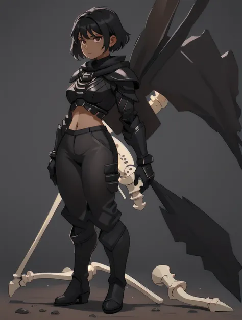 <lora:Harrowhark_Nonagesimus:1> harrow, black hair, short hair, black capelet, bone armor, black shirt, black pants, black boots, , full body, brown skin, 1girl, solo