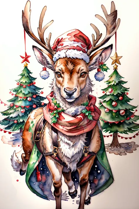 RagingReindeerSplash, solo, looking at viewer, simple background, hat, white background, male focus, scarf, no humans, suspenders, christmas, red headwear, furry, antlers, furry male, reindeer, EarthXmasSplsh, <lora:RagingReindeerSplash:0.8>