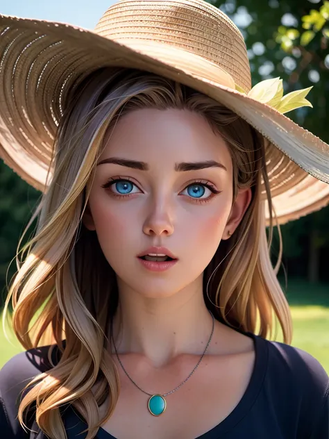 Realistic photo of a beautiful 3ll4c woman,1girl,solo,long hair,looking at viewer,open mouth,blue eyes,blonde hair,hat,jewelry,upper body,teeth,necklace,lips,black shirt,ring,portrait,realistic,nose,soft lighting, professional Photography, Photorealistic, ...