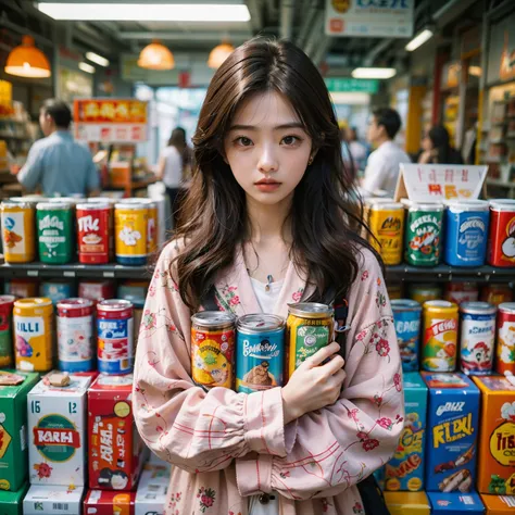 chaoren,a woman standing in front of a store display of canned food and drinks,with long hair in the foreground,
Best quality,masterpiece,ultra high res,<lora:20231216-1702729157247-0020:0.7>,<lora:GoodHands-beta2:1>,