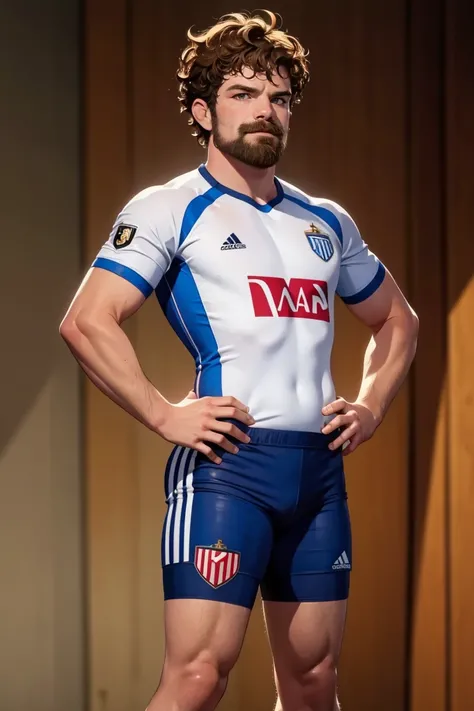 (masterpiece,  best quality:1.2),  photo of person,  beard. messy hair,  muscular:1.5,  man,  ,  smirk,  standing,  thick legs,  (depth of field:1.1),  ,  photo of person,  ((soccer jersey,  soccer shorts)),  hands on hips,  full body,  standing,  masterpi...