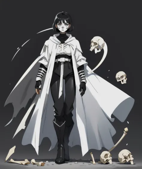 <lora:Harrowhark_Nonagesimus:1> harrow, black hair, short hair, white cloak, bone armor, black shirt, black pants, black boots, , full body, skull facepaint, 1girl, solo