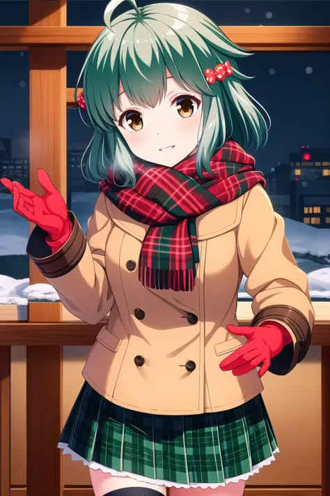 (masterpiece, best quality), highly detailed background, perfect lightingbest quality, mishinakaho, solo, outdoors, winter, night, green hair, ahoge, candy hair ornament, hair ornament, short hair, brown eyes, red scarf, yellow coat, buttons, <lora:GoodHan...