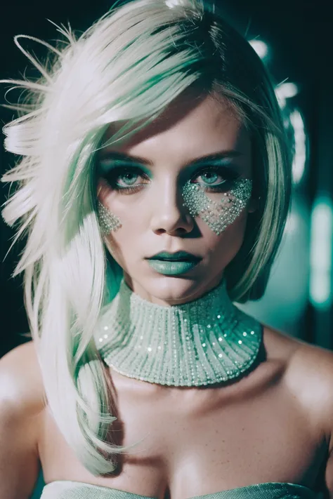 A person with illuminated subdermal biomorphic pores, white mint green, eye shadow, cybergoth fashion photography, ethereal lighting, holga medium format camera <lora:Peta_Wilson_640x960:0.85>