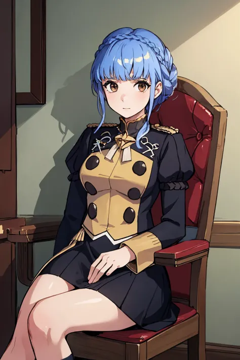 (masterpiece, best quality:1.2), solo, 1girl, marianneuniform, shy, looking at viewer,  sitting, chair, crown braid, uniform, epaulettes, long sleeves, indoors <lora:fireemblem_marianne_v2-10:1>