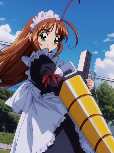 <lora:spiral_nami:1> spiralnami, 1girl, solo, maid, weapon, polearm, lance, low-tied long hair, apron, frills, long sleeves, smile, 
factory,
masterpiece, high quality, very_high_resolution, large_filesize, full color, 1990s (style), anime, anime_screencap...