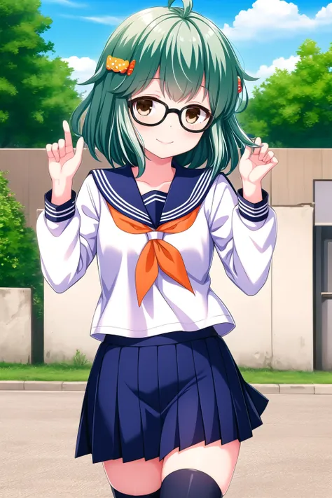 (masterpiece, best quality), highly detailed background, perfect lightingbest quality, mishinakaho, solo, outdoors, green hair, ahoge, candy hair ornament, hair ornament, short hair, glasses, brown eyes, adjusting eyewear, white serafuku, orange sailor col...