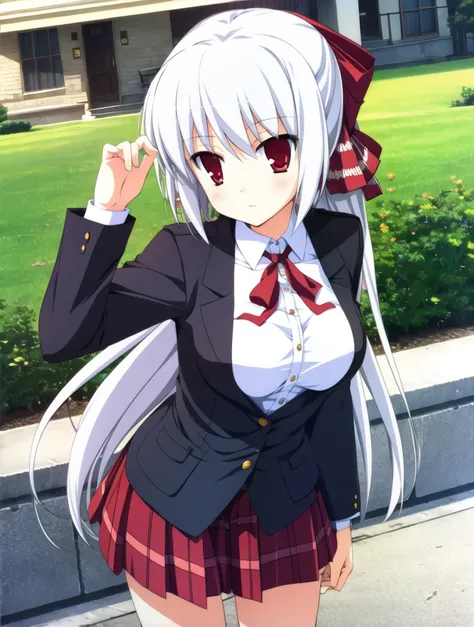 masterpiece, best quality, 1girl, irina, silver hair, red eyes, hair ribbon, school uniform, skirt, outdoor <lora:irina:0.8>