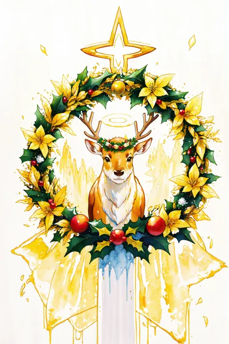 SplashHelper, solo, looking at viewer, simple background, white background, black eyes, no humans, animal, traditional media, christmas, painting (medium), antlers, animal focus, reindeer antlers, deer, reindeer,