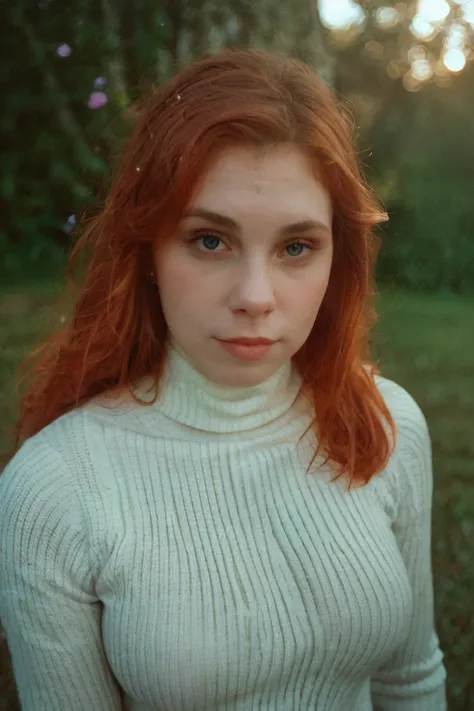 RAW, <lora:EvyDodl:0.85> Portrait of evydodl, 1girl, red hair, blue eyes, nature, outdoor, Spectacular light, ((Jacquard Turtleneck Jumper)), Colorful flowering, Photorealistic, Hyperrealistic, Hyperdetailed, analog style, detailed skin, matte skin, soft l...