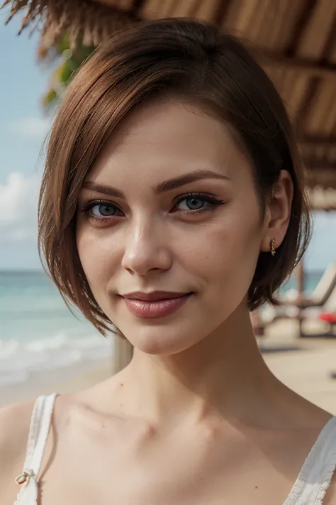 lizasnoww-500, 1girl, looking at viewer, cute, smile, realistic, brown hair, short hair, blue eyes, (mole under eye:1.2), (happy:1.2), 
tropical island, sunshine, outside, summer