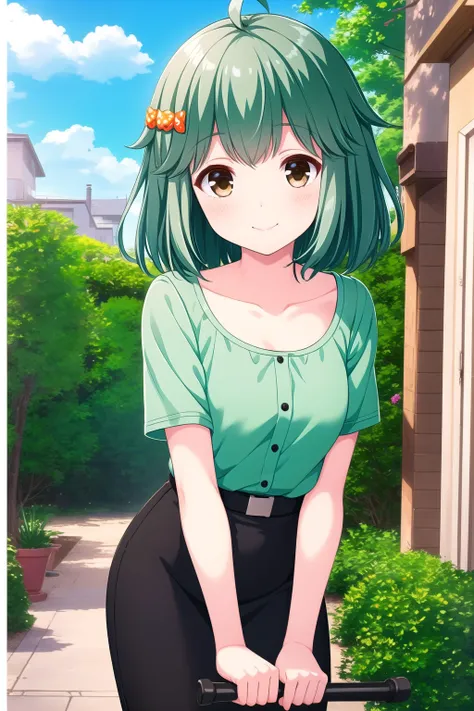 (masterpiece, best quality), highly detailed background, perfect lightingbest quality, mishinakaho, solo, outdoors, green hair, ahoge, candy hair ornament, hair ornament, short hair, brown eyes, collarbone, green shirt, short sleeves, <lora:GoodHands-vanil...