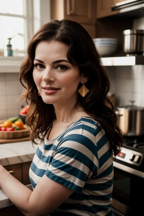 photo of (EPN1g3ll4L4ws0n:0.99), a beautiful woman, closeup portrait, perfect hair, (modern photo, brown Striped t-shirt with wide, colorful stripes in complementary shades), 24mm, (analog, cinematic, film grain:1.3), smiling, serving food, (in a kitchen, ...