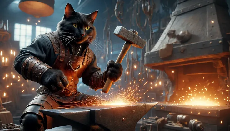 Photograph of  disney animation, blacksmith cat, hammer in paw,
 (masterpiece), (best quality:1.2), intricate details, (highly detailed skin:1.2),
intricate details, 8k post production, high resolution, hyper detailed, trending on artstation, sharp focus, ...