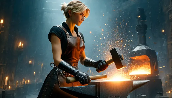 Photograph of  disney animation, blacksmithcute girl forges armour,  working in a huge forge. in paw big fantasy (hammer:1.6), Dressed in (leather trousers:1.3) and (blacksmiths apron:1.3), thick black leather gloves, heated iron laid on magical (an anvil:...