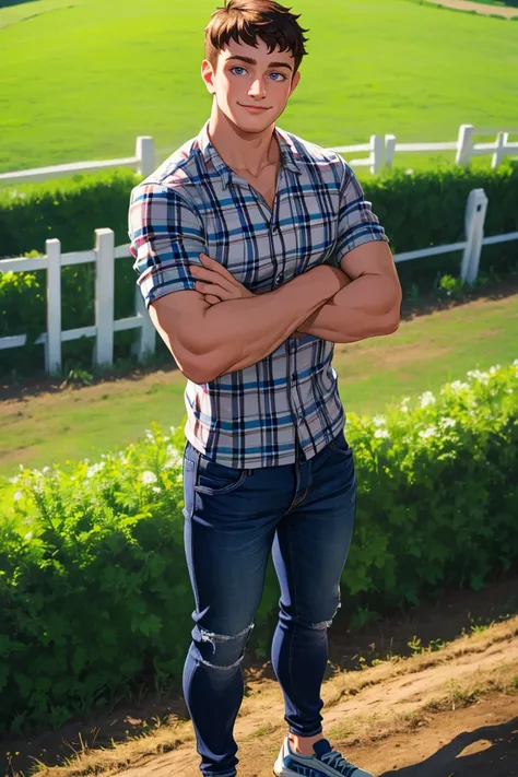 (masterpiece,  best quality:1.2),  man, ,  smirk,  crossed arms,  (depth of field:1.1),  ,  photo of person,  plaid shirt,  denin pants,  standing,  at the farm,  view from above,  , masterpiece,  highness,  perfect face,  perfect picture,  detailed eyes, ...