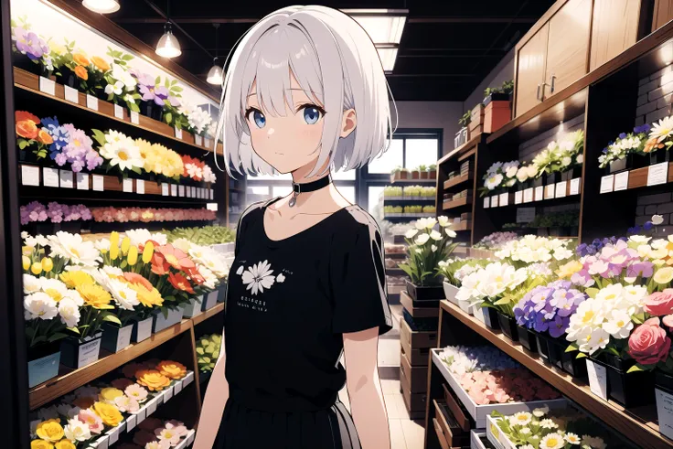 illustration, flower shop, 1girl, solo, looking away, white hair, bob cut, slanted blue eyes, black choker, small breasts, t-shi...