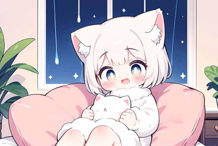 ,  Pastel colour anime illustration,  a girl with white hair and cat ears is holding a small white cat while sitting on a fluffy white cushion scattered around the room. The room is filled with warm light,  and the sound of raindrops gently tapping on the ...