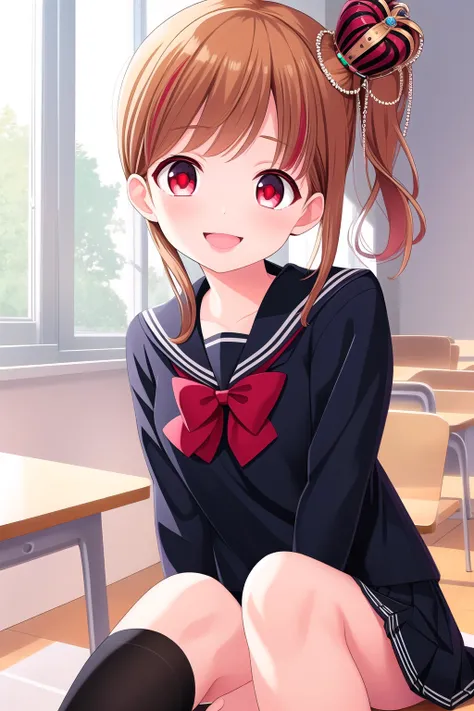 (masterpiece, best quality), highly detailed background, perfect lightingbest quality, amariakari, solo, indoors, classroom, brown hair, two-tone hair, red hair, mini crown, jewelry side ponytail, streaked hair, short hair, red eyes, black serafuku, black ...