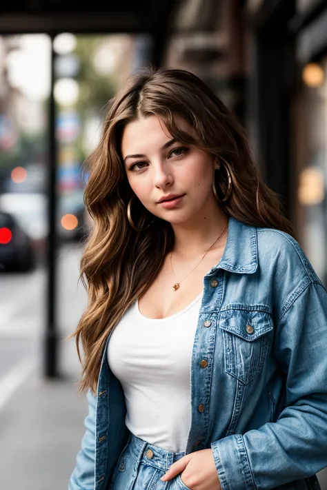 photo of (EPL3n4L0UU:0.99), a beautiful woman, closeup portrait, perfect hair, (modern photo, Oxford Brown Flowy midi dress, oversized denim jacket, ankle boots), 24mm, (analog, cinematic, film grain:1.3), (texture, gradient:1.2), detailed eyes, (seductive...