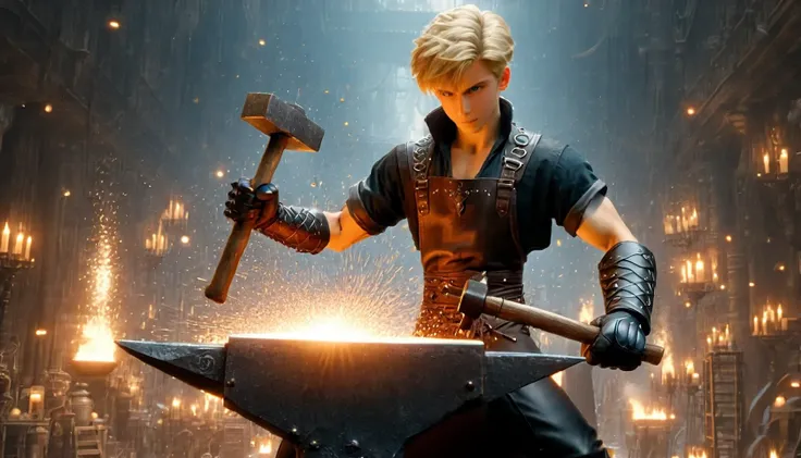 Photograph of  disney animation, blacksmith cute boy forges armour,  working in a huge forge. in paw big fantasy (hammer:1.6), Dressed in (leather trousers:1.3) and (blacksmiths apron:1.3), thick black leather gloves, heated iron laid on magical (an anvil:...