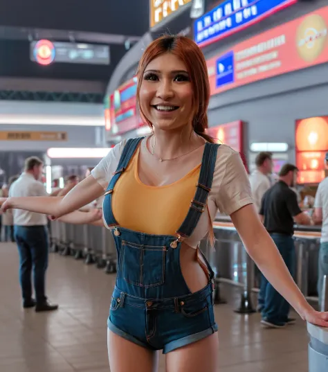 1 girl, (lora:Na0m1_Wv:1.7),  naomi wu, extremely skinny, highly detailed, photorealistic, crisp image, sweating profusely,, huge breasts, small nipples, big smile, jeans overalls