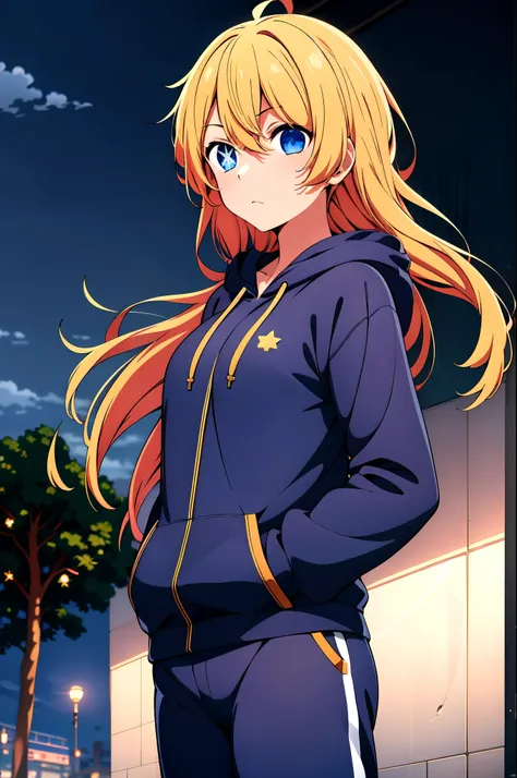 (absurdres, newest), 1girl, solo, hoshinoaqua_f, star-shaped_pupils, looking_down, (expressionless), hoodie, sweatpants, hands_in_pockets, night_sky, floating_hair, portrait