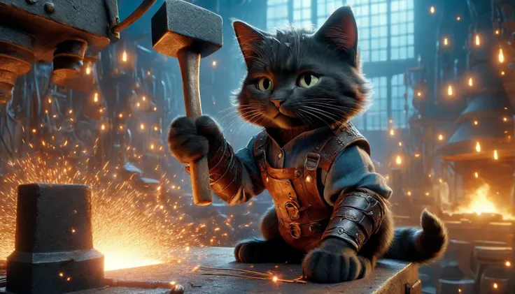 Photograph of  disney animation, blacksmith cat, hammer in paw,
 (masterpiece), (best quality:1.2), intricate details, (highly detailed skin:1.2),
intricate details, 8k post production, high resolution, hyper detailed, trending on artstation, sharp focus, ...