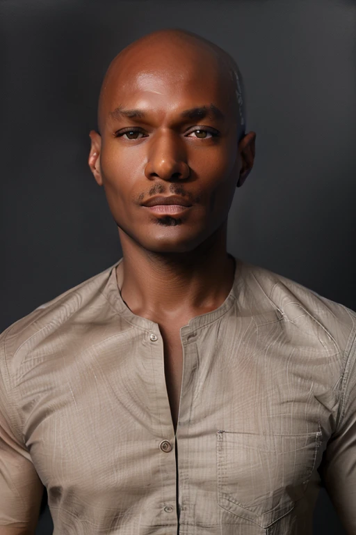 <lora:rhyheimsv3:1> rhyheims, black man, bald, dark skin, brown eyes, professional studio quality modeling headshot, 4K, simple dark background, dramatic lighting, neutral expression, realistic skin, fine detail, shirt, ultra realistic photograph, professi...