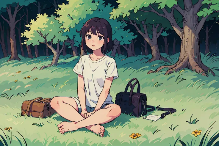 (best quality:0.8) perfect anime still frame, sitting in the grass, gentle breeze