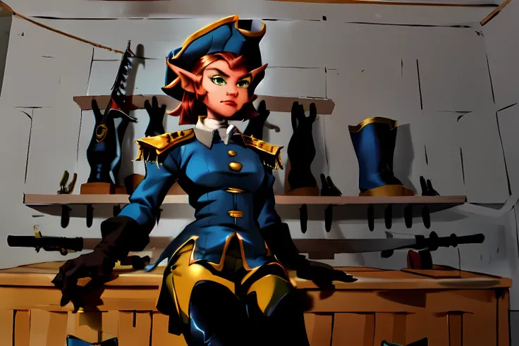 (below decks, armory, weapon racks,), (1girl, AmeliaCapWaifu, (blue uniform, thighhighs, thigh boots, gloves, hat, epaulettes, pants), pointy ears)