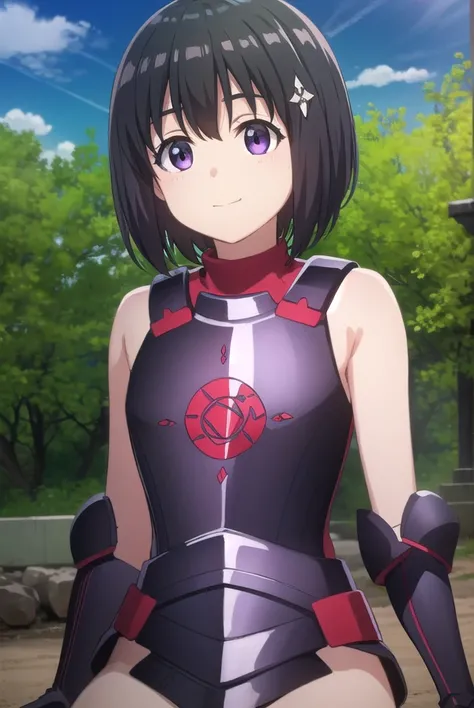 bofurimaple, <lora:bofuri maple s2-lora-nochekaiser:1>,
maple, short hair, bangs, black hair, hair ornament, (purple eyes:1.1), ahoge, bob cut, smile,
BREAK thighhighs, gloves, bare shoulders, boots, black gloves, elbow gloves, armor, red thighhighs, black...