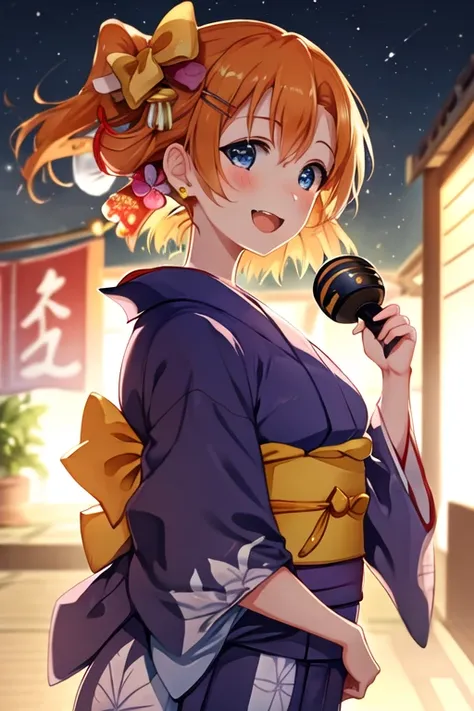 best quality, masterpiece, highres, solo, {yukata:1.40}, {kimono:1.20}, {kousaka_honoka_lovelive:1.15}, blue_eyes, orange_hair, one_side_up, smile, blush, short_hair, open_mouth, bow, hair_bow, hair_ornament