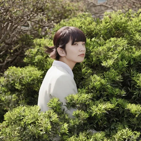 A professional photogragh of a woman standing by bush, closeup, komatsu nana <lora:komatsu_nana_xl-000070:1>