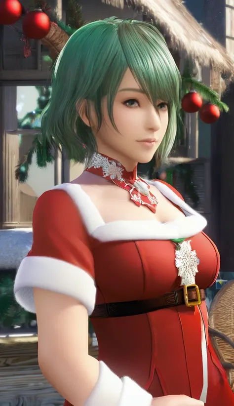 masterpiece,best quality,sfw,1girl,tamaki,<lora:tamaki-000005:0.7>,(red christmas dress),outdoors,snowflakes,green hair,green eyes,mole under eyes,mid_shot,dynamic pose,3D graphics,(christmas),