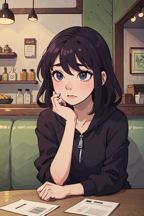 (best quality:0.8) perfect anime illustration, a stressed woman at a cafe in London